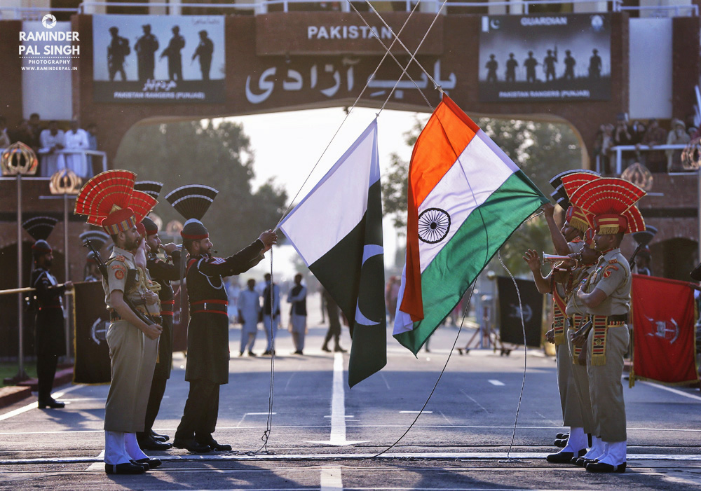 retreat ceremony being performed at attari/ wagha border post at indo pak border.