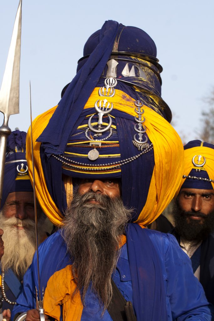 big turbaned nihang sikh at anandpur sahab during hola mohalla in punjab.