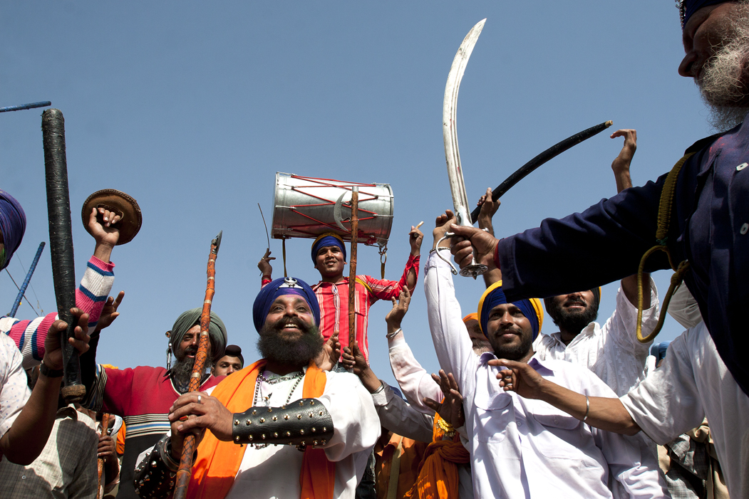 nihang sikhs in traditional attire at anandpur sahab during hola mohalla in Punjab.