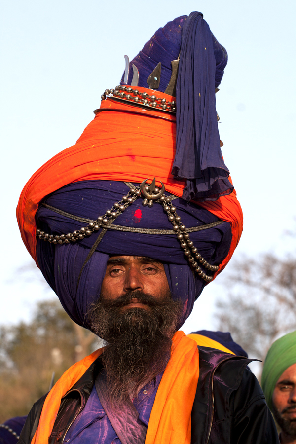 big turban nihang sikh warrior at anandpur sahab during hola mohala festival in punjab.