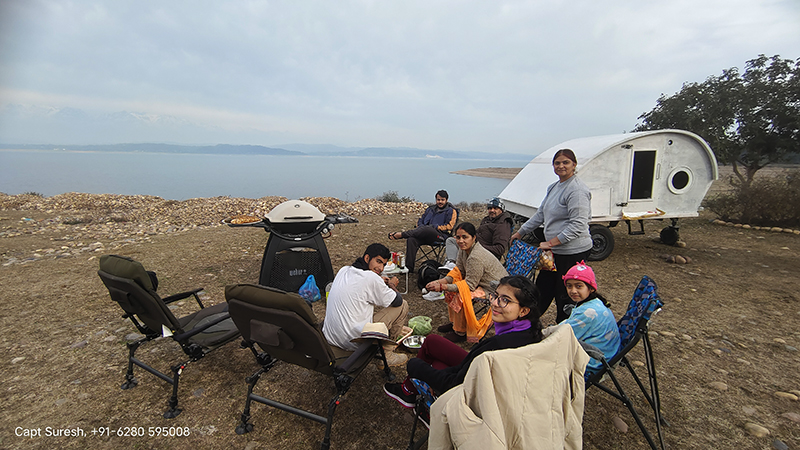 offbeat family holidays at in wilderness with caravan RV trailers campervan motorhome nomadic unique experience pong dam himachal.