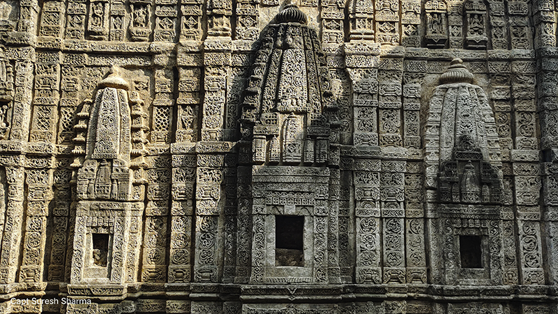 temple wall at the kangra fort inside the wall on top.