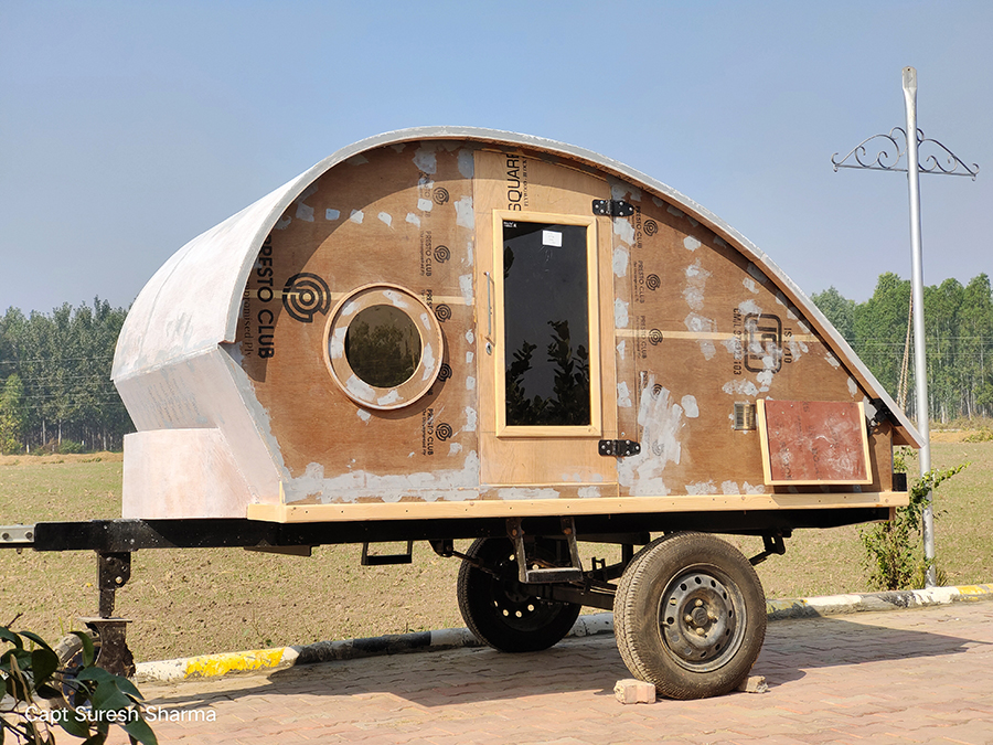 <img src="tear drop trailer soft adventure india.jpeg" alt="teardrop trailer offbeat locations with caravan RV recreational vehicle with campervan nomadic experience himachal pradesh">