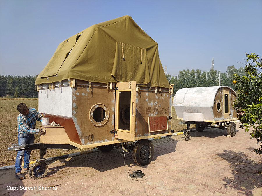 <img src="tear drop trailer soft adventure india.jpeg" alt="teardrop trailer offbeat locations with caravan RV recreational vehicle with campervan nomadic experience himachal pradesh">